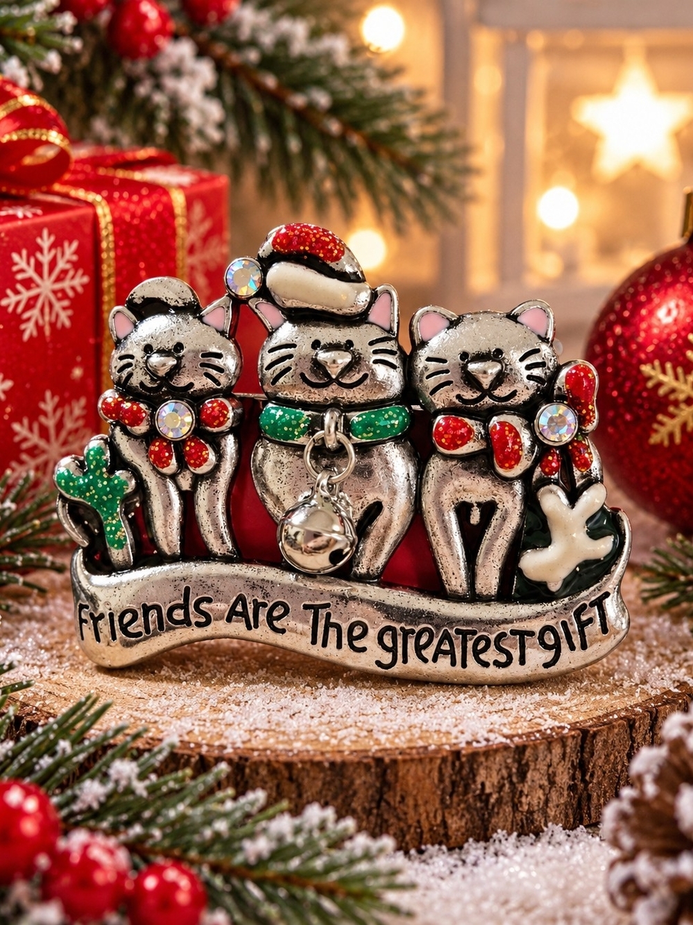 Silver Cat Trio Holiday Brooch - Red & Green Enamel Accents